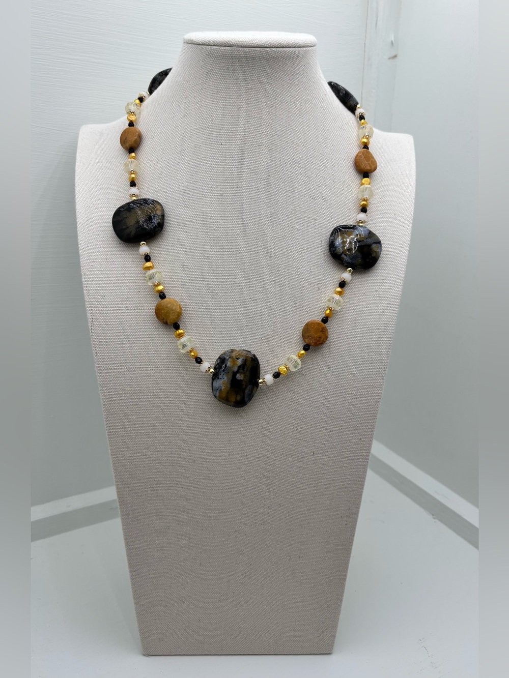 Black and Gold beads, Pearls, Crystals and milk glass with 18k gold plated beads